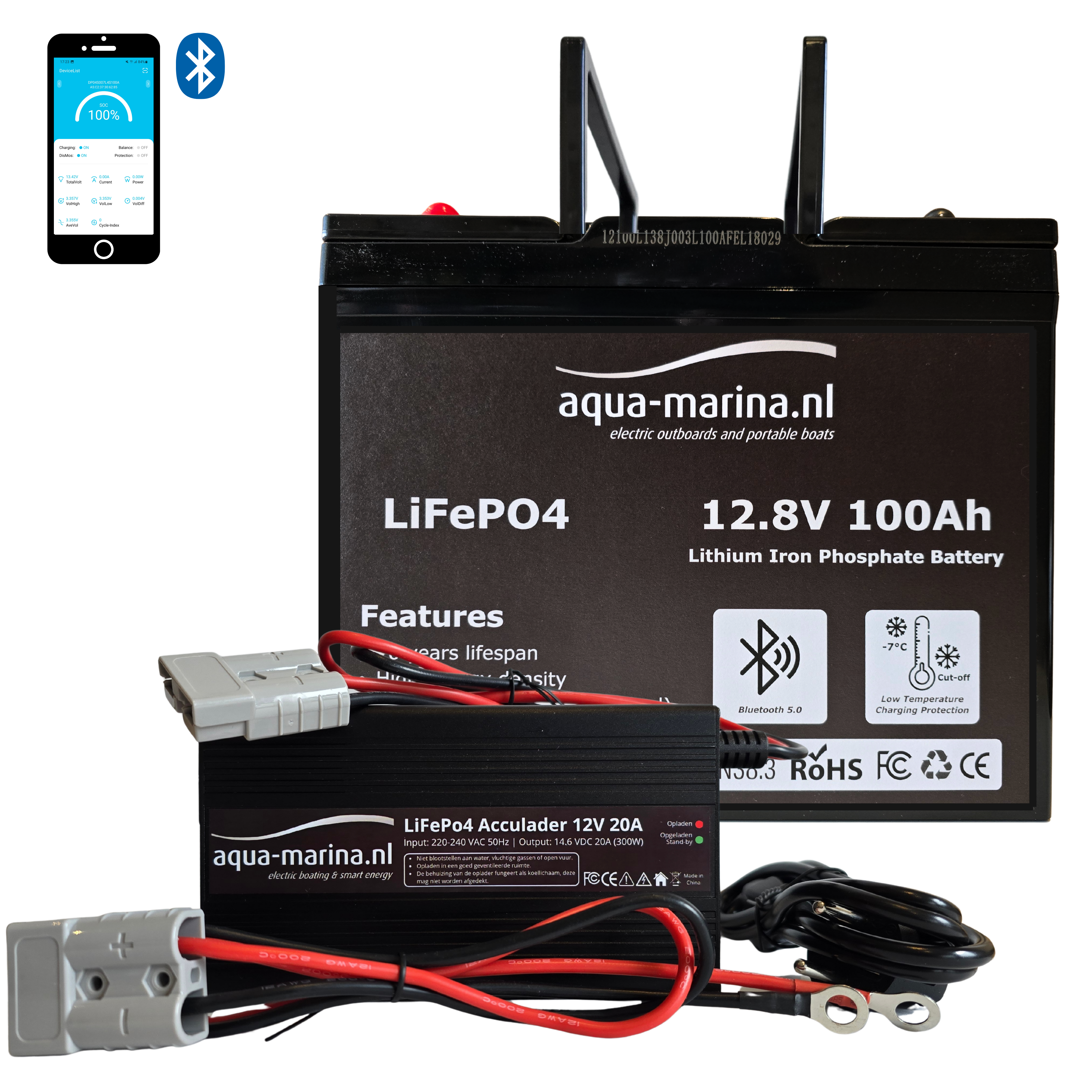 Accuset 2: 12V 100Ah LiFePO4 Accu + 12V 10A of 20A Acculader met Bluetooth & SB50 Anderson