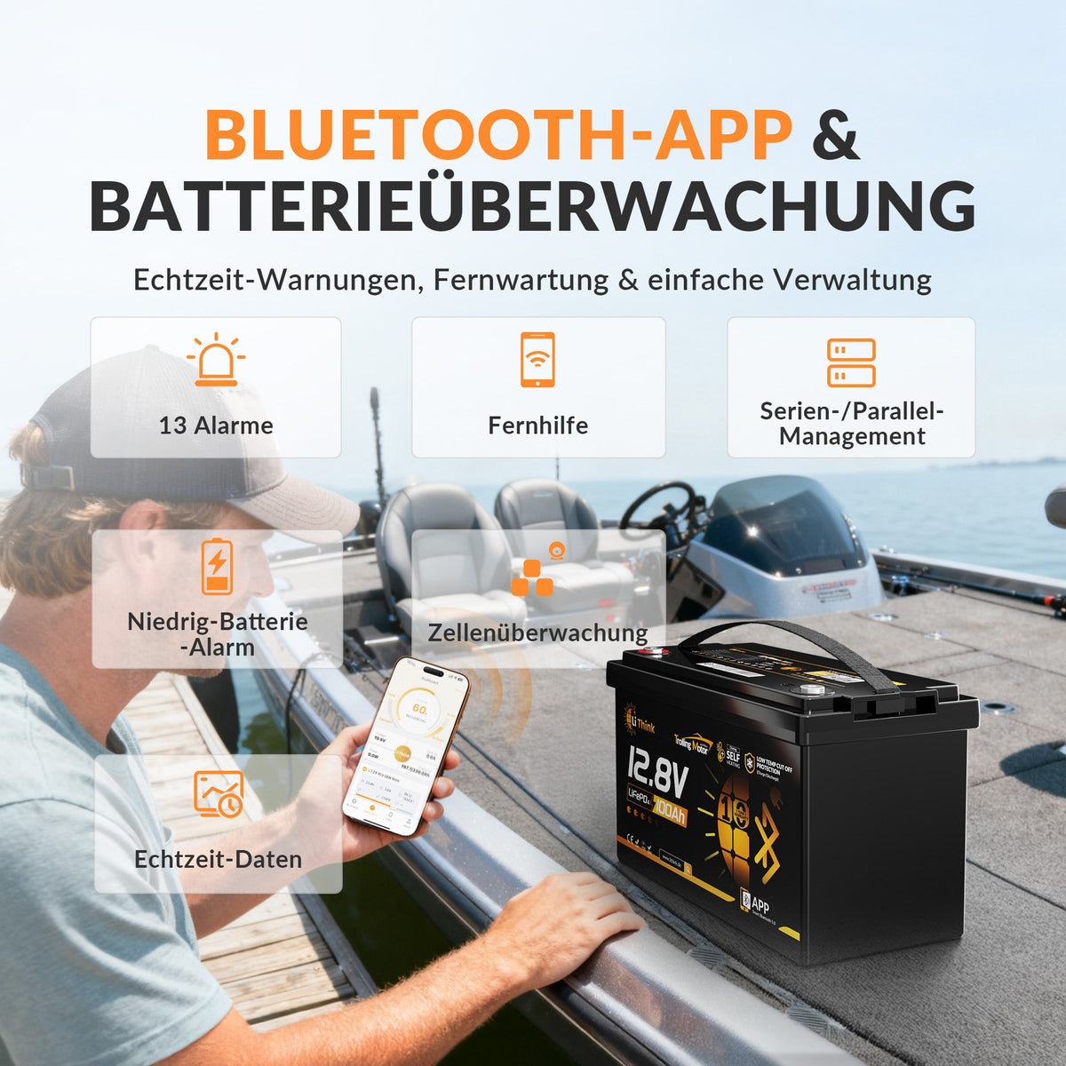 Lithink 12V 100Ah TM LiFePO4-accu met Bluetooth & zelfverwarming, 120A BMS – voor trollingmotor