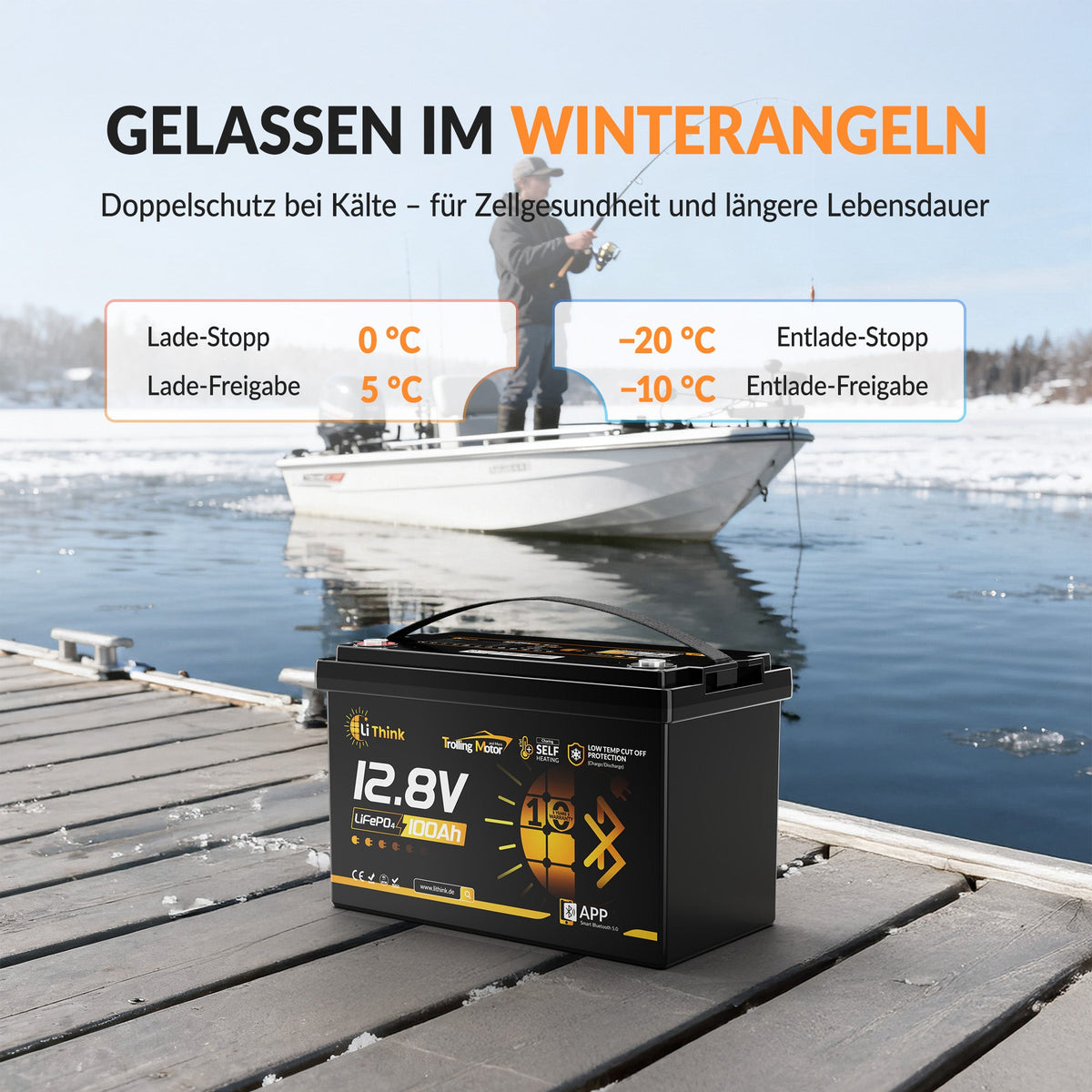 Lithink 12V 100Ah TM LiFePO4-accu met Bluetooth & zelfverwarming, 120A BMS – voor trollingmotor