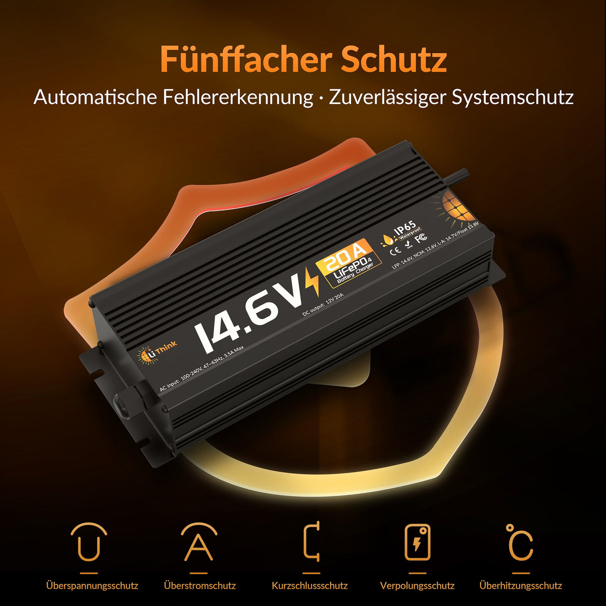 Lithink 14.6V 20A Waterdichte snellader – voor LiFePO₄, NCM en loodaccu's