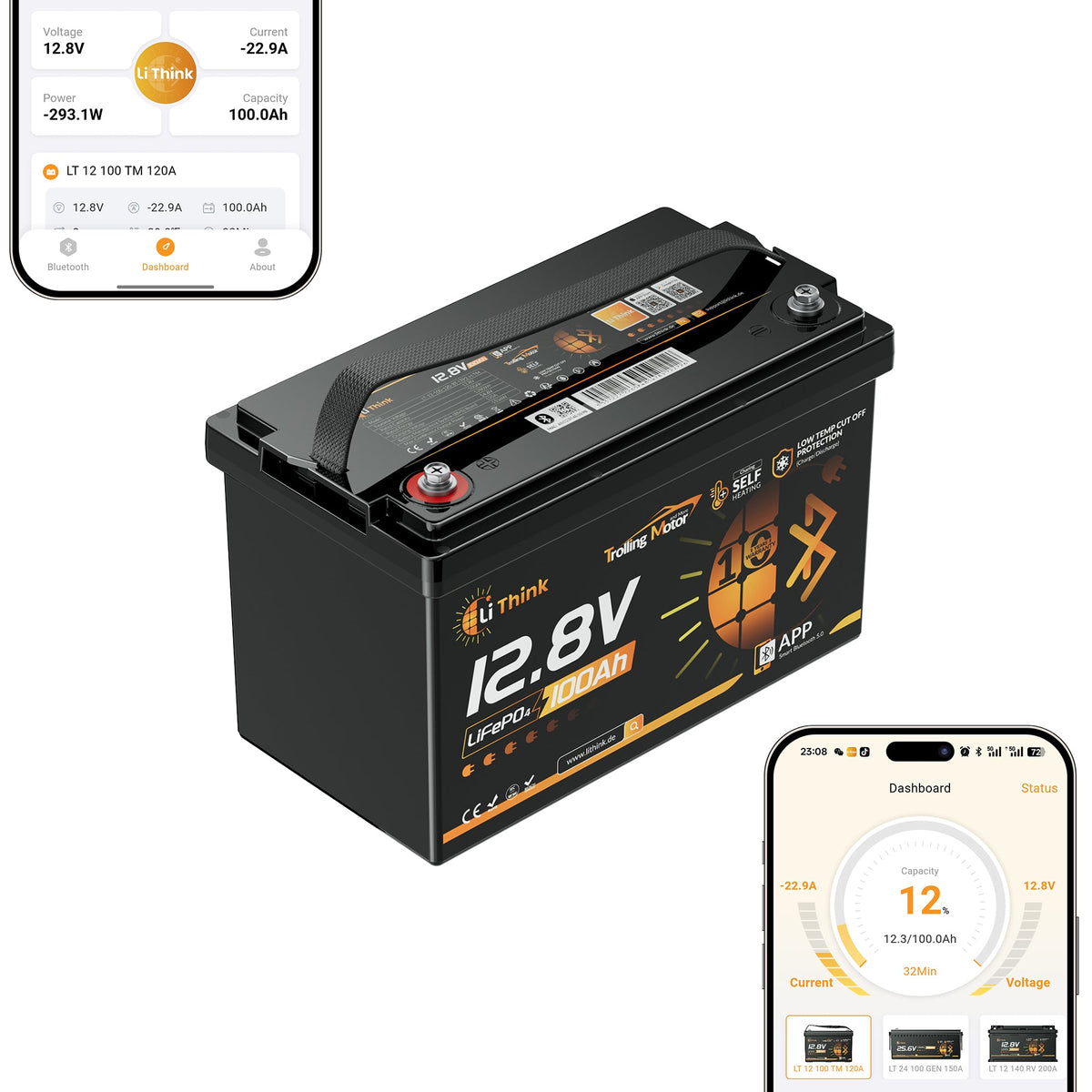 Lithink 12V 100Ah TM LiFePO4-accu met Bluetooth & zelfverwarming, 120A BMS – voor trollingmotor