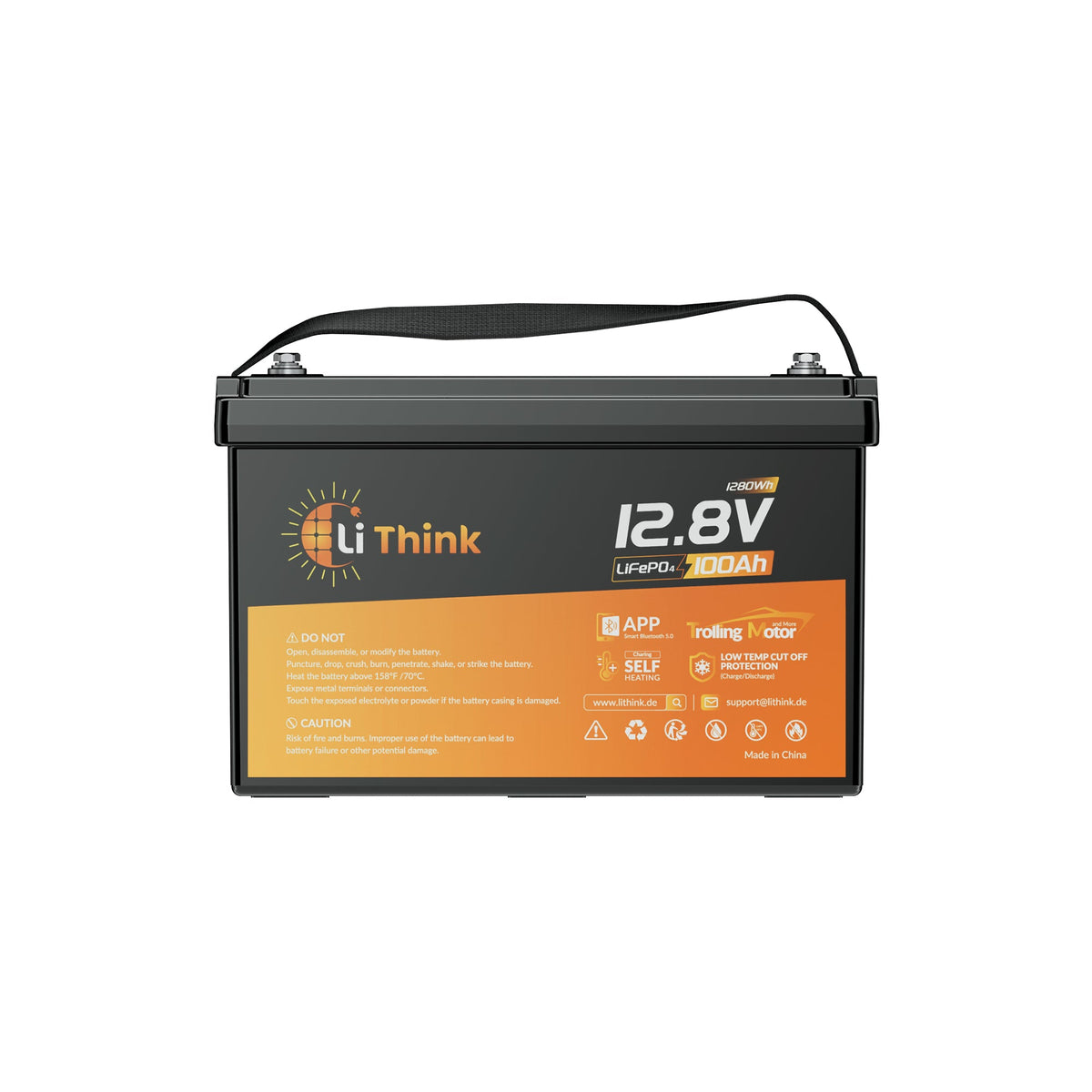 Lithink 12V 100Ah TM LiFePO4-accu met Bluetooth & zelfverwarming, 120A BMS – voor trollingmotor