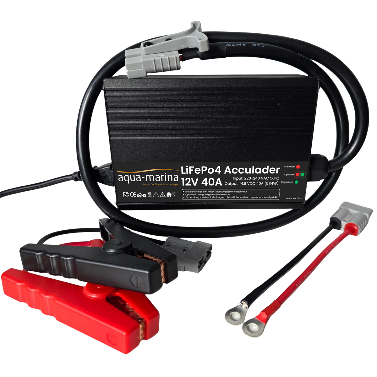Aqua-Marina LiFePO4-acculader 12V 40A – 14,6V met SB50, M8-kabelogen en krokodillenklemmen
