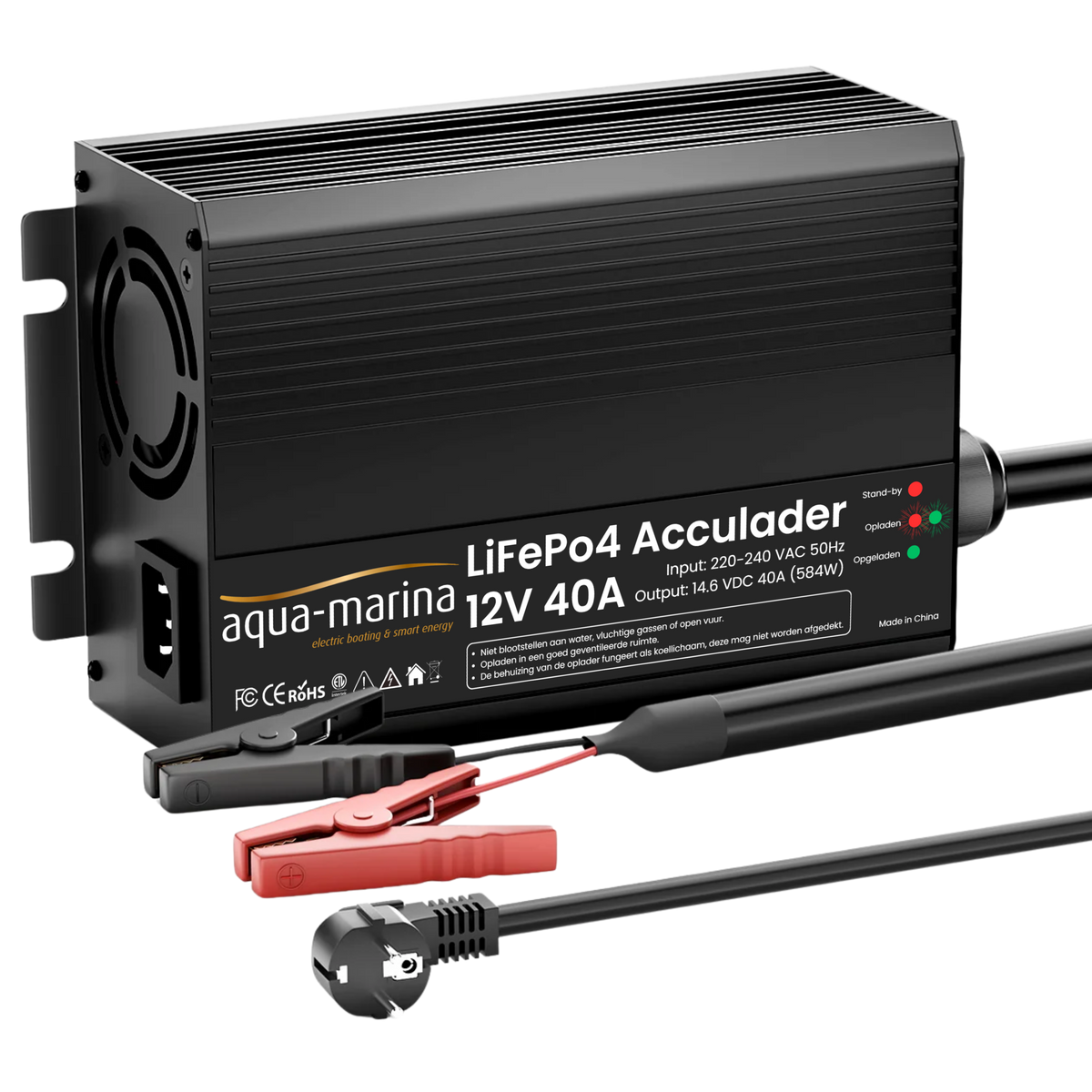 Aqua-Marina LiFePO4-acculader 12V 40A – 14,6V met SB50, M8-kabelogen en krokodillenklemmen