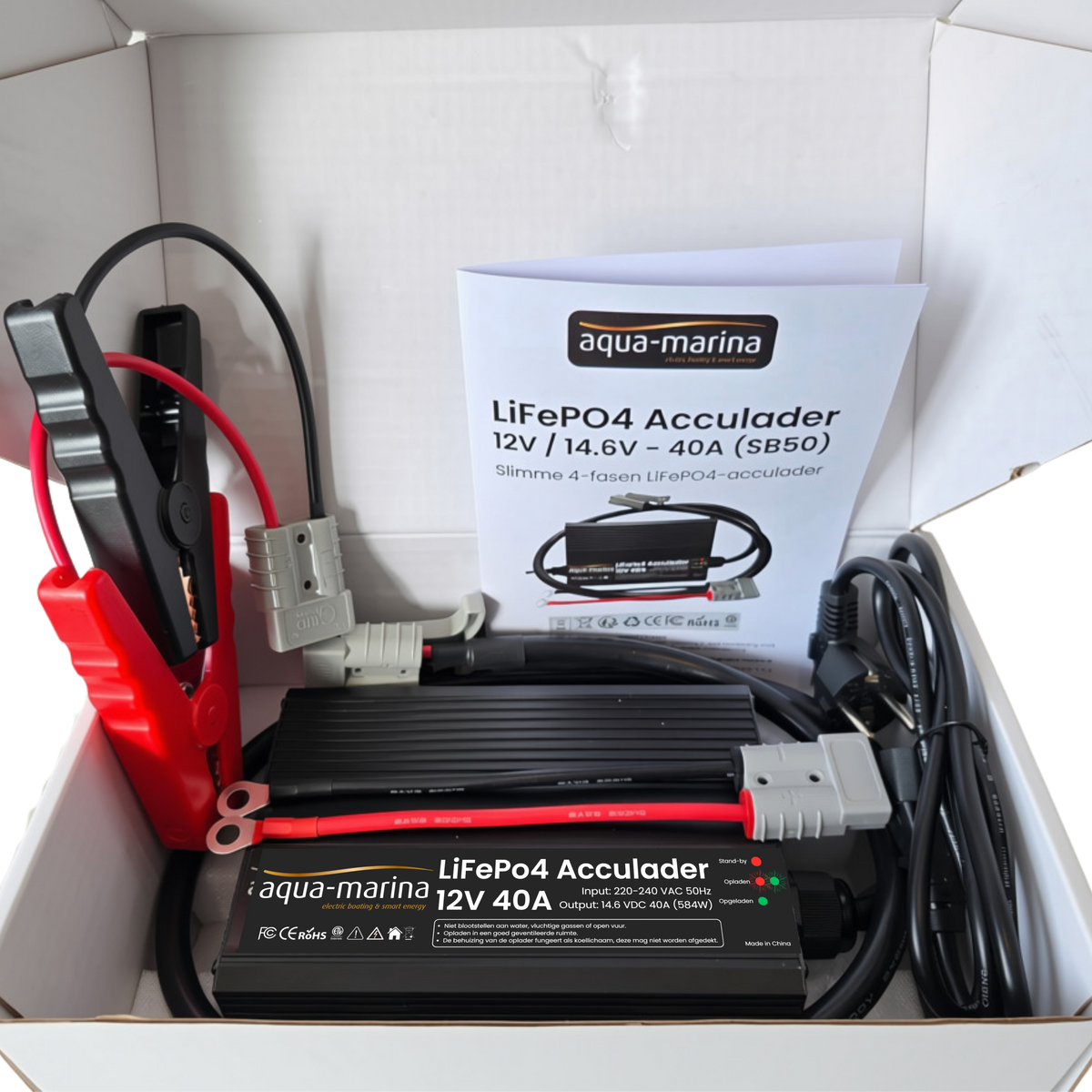 Aqua-Marina LiFePO4-acculader 12V 40A – 14,6V met SB50, M8-kabelogen en krokodillenklemmen
