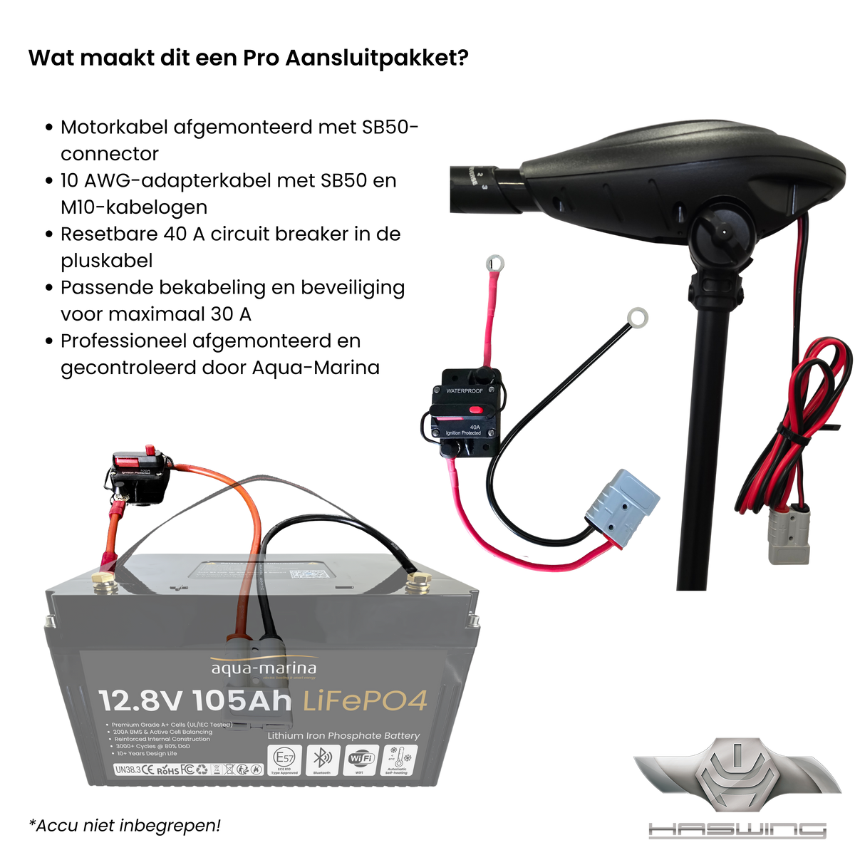 M8-kabelogen voor aansluiting van de Osapian 30 Pro op een accu | Haswing Osapian 30 Pro aangesloten op een 12V LiFePO4-accu