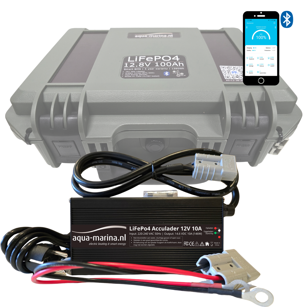 Aqua-Marina.NL Outdoor Box Lithium LiFePO4 Accu 100Ah 12V Smart | Bluetooth | Anderson SB50 USB GX16 SP17 | Outdoorbox