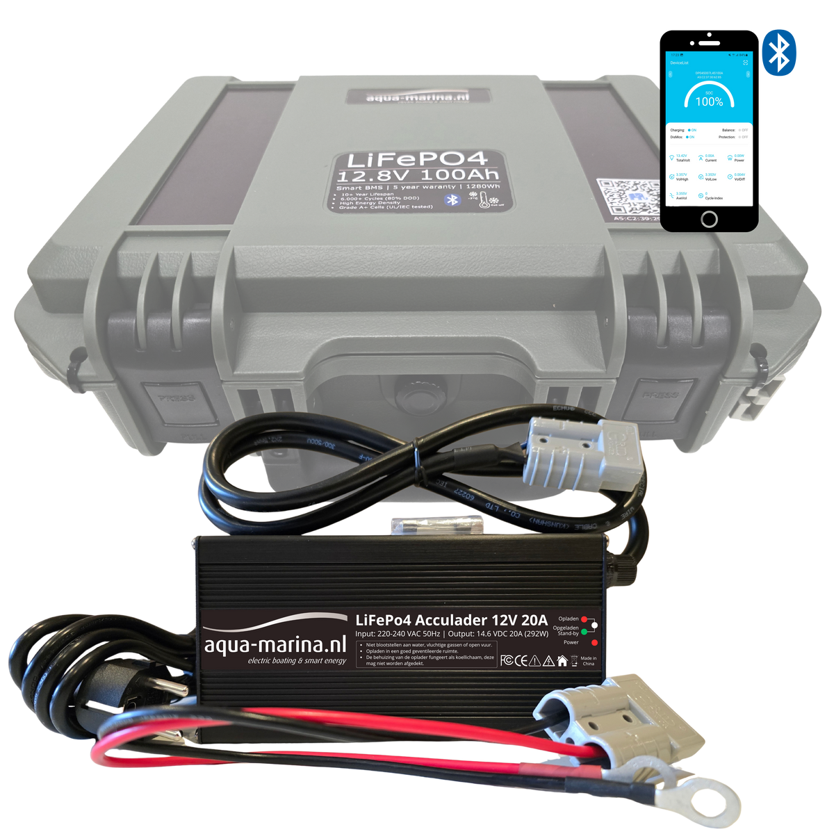 Aqua-Marina.NL Outdoor Box Lithium LiFePO4 Accu 100Ah 12V Smart | Bluetooth | Anderson SB50 USB GX16 SP17 | Outdoorbox