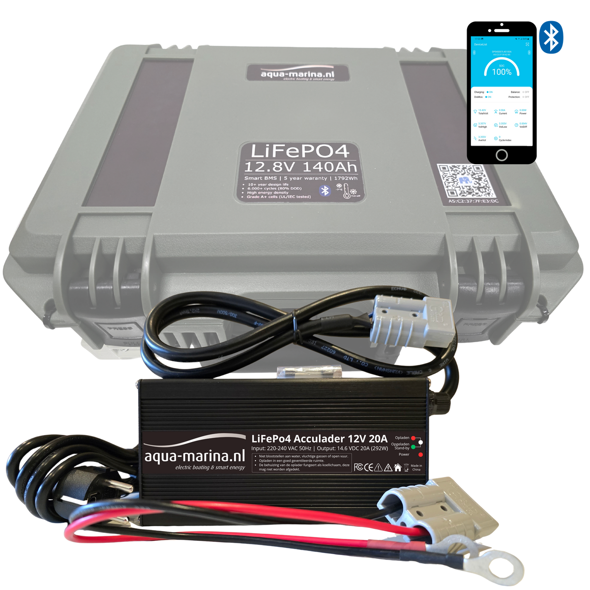 Aqua-Marina.NL Outdoor Box Lithium LiFePO4 Accu 140Ah 12V Smart | Bluetooth | Anderson SB50 USB GX16 SP17 | Outdoorbox