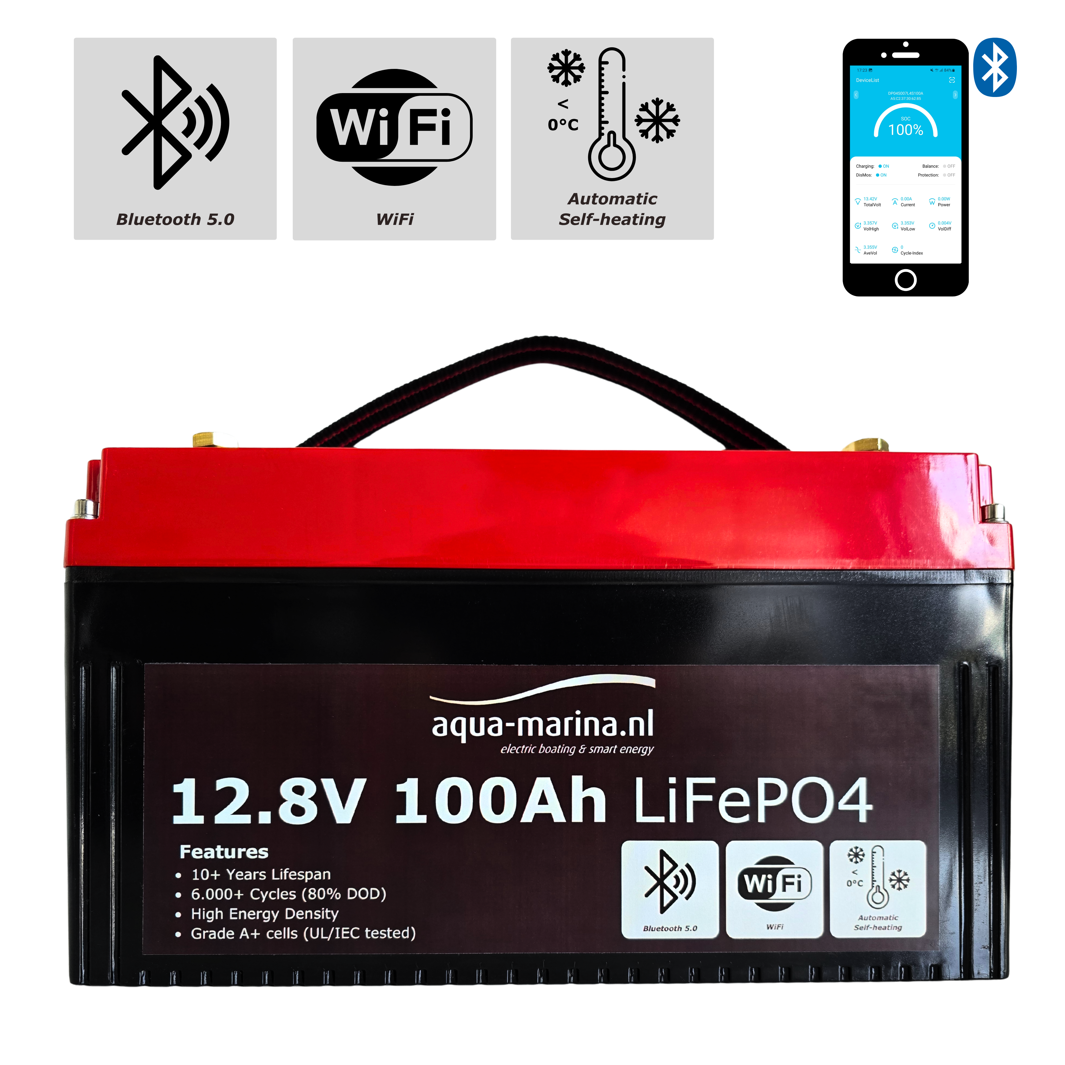 Aqua-Marina.NL ProLine Lithium LiFePO4 Accu 100Ah 12V Smart | Bluetooth WiFi Verwarming | Compact Low Profile (H: 169mm)
