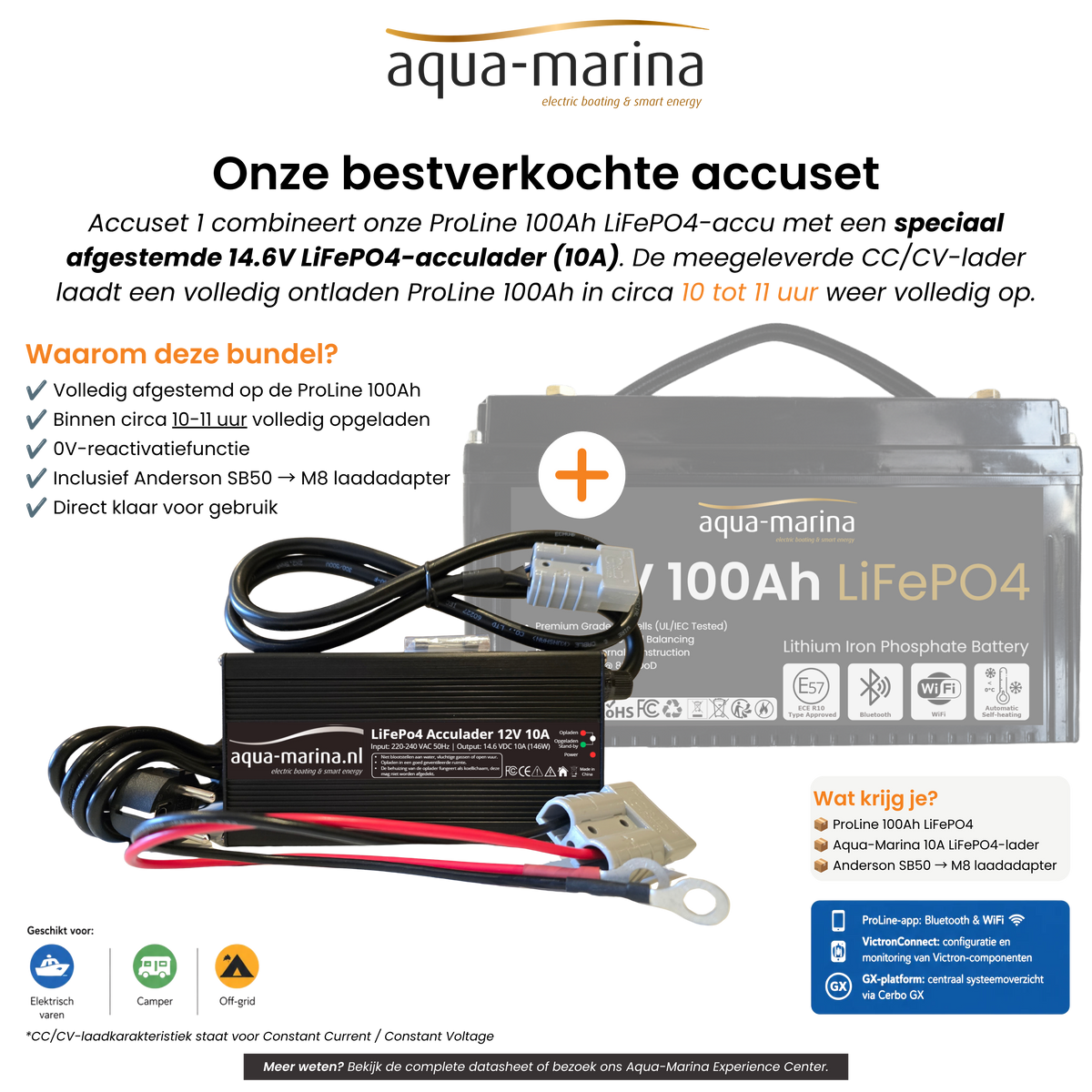 Aqua-Marina Accuset 1 | ProLine 100Ah Smart LiFePO4-accu + 20A LiFePO4-acculader | ECE R10 | Bluetooth | WiFi | Self-Heating