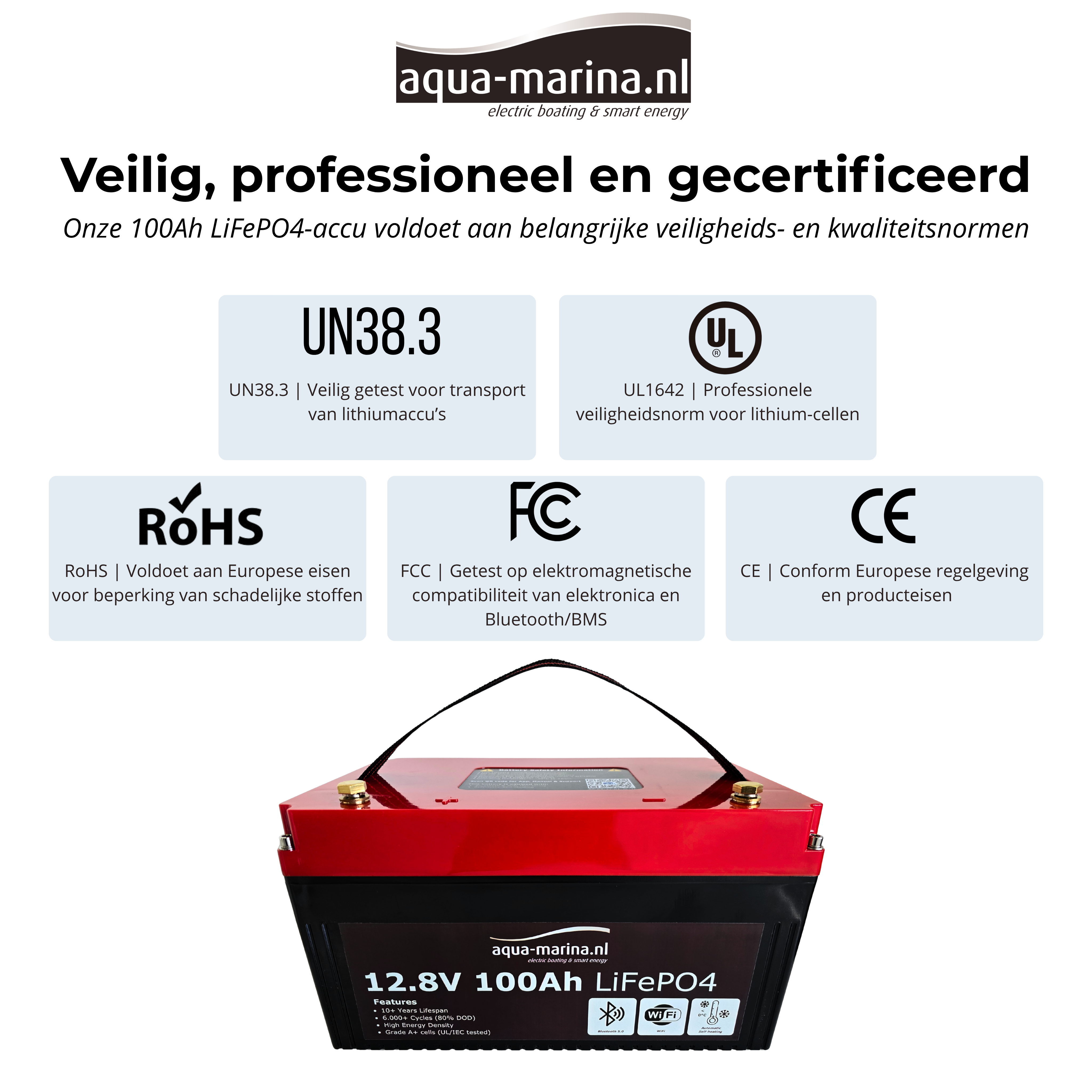 Aqua-Marina.NL ProLine Lithium LiFePO4 Accu 100Ah 12V Smart | Bluetooth WiFi Verwarming | Compact Low Profile (H: 169mm)