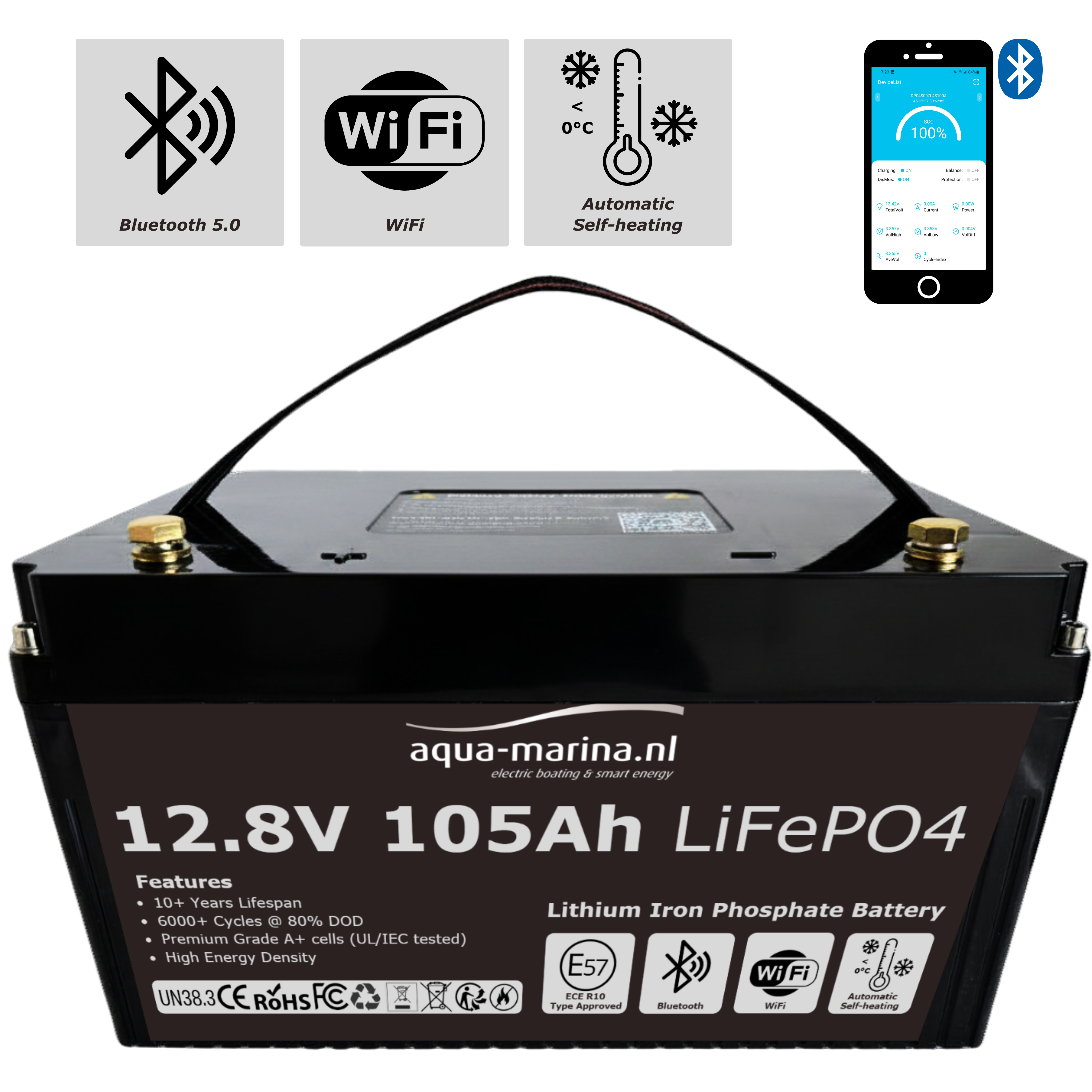 Aqua-Marina ProLine 12.8V 105Ah Lithium LiFePO4 Accu Bluetooth | WiFi | Self Heating – ECE R10 Certified