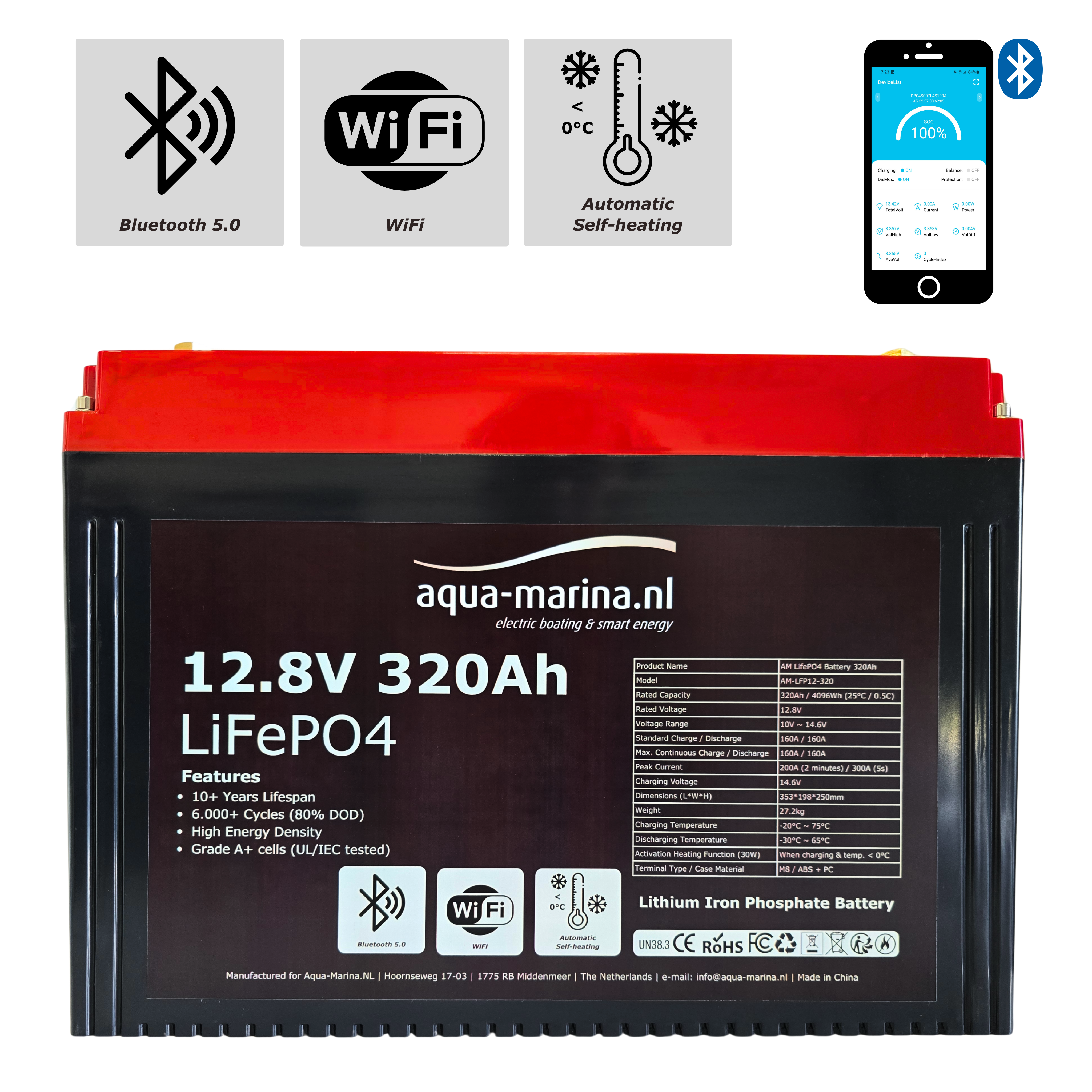 Aqua-Marina.NL ProLine Lithium LiFePO4 Accu 320Ah 12V Smart | Bluetooth WiFi Verwarming
