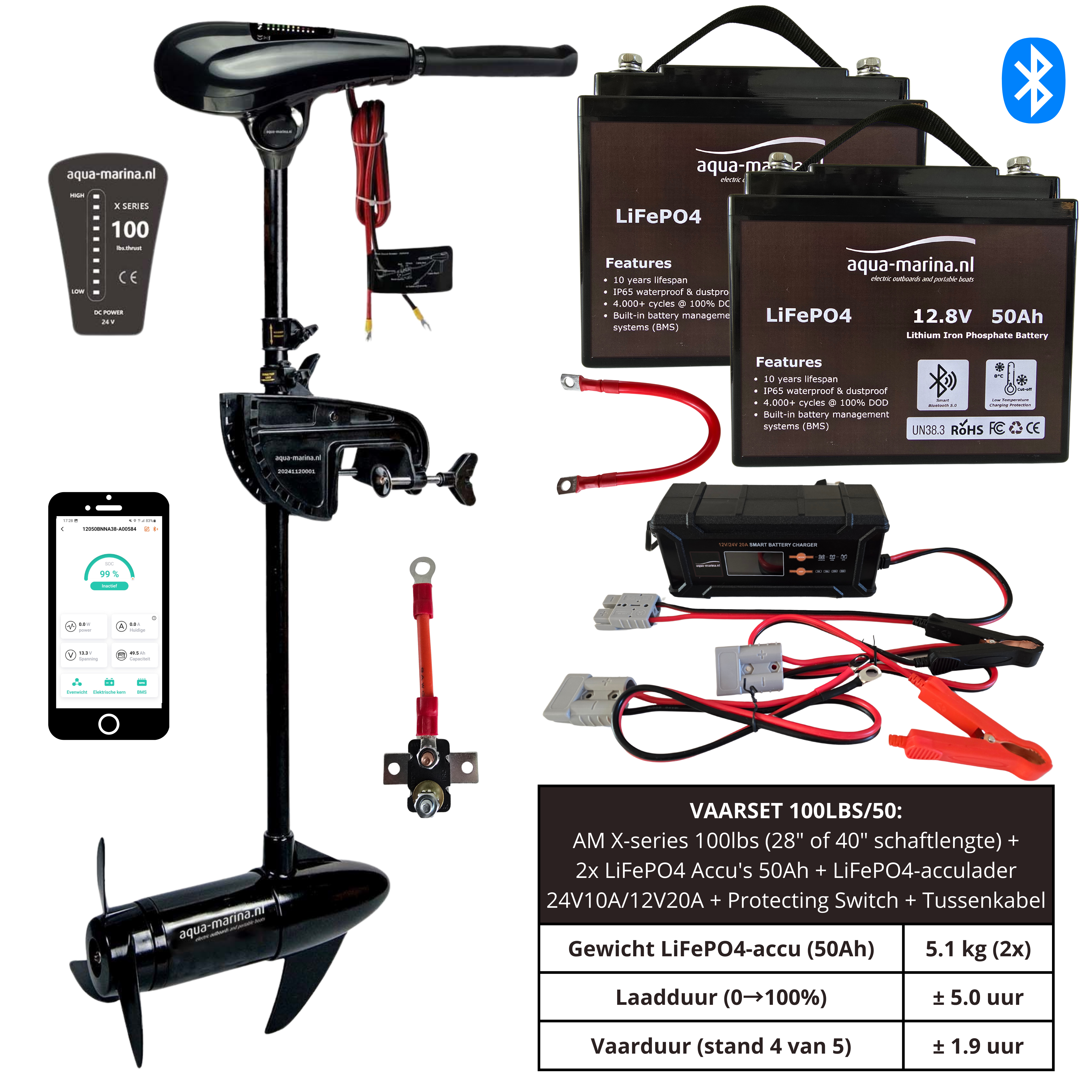 Vaarset Fluistermotor 100lbs 24V LiFePO4 Accu 50Ah LiFePO4 Acculader 24V 10A 12V 20A Protecting Switch