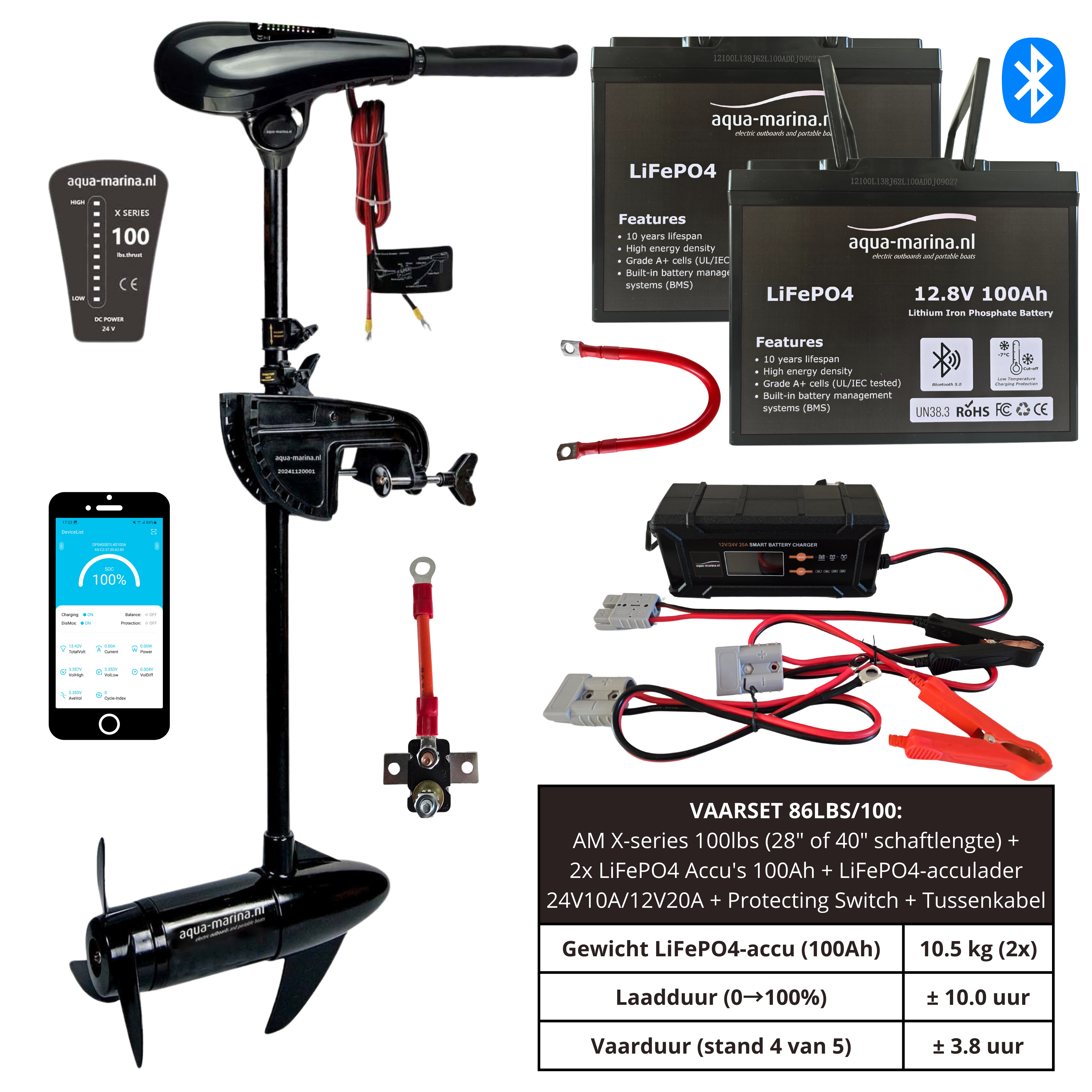 Vaarset Fluistermotor 100lbs 24V LiFePO4 Accu 50Ah LiFePO4 Acculader 24V 10A 12V 20A Protecting Switch