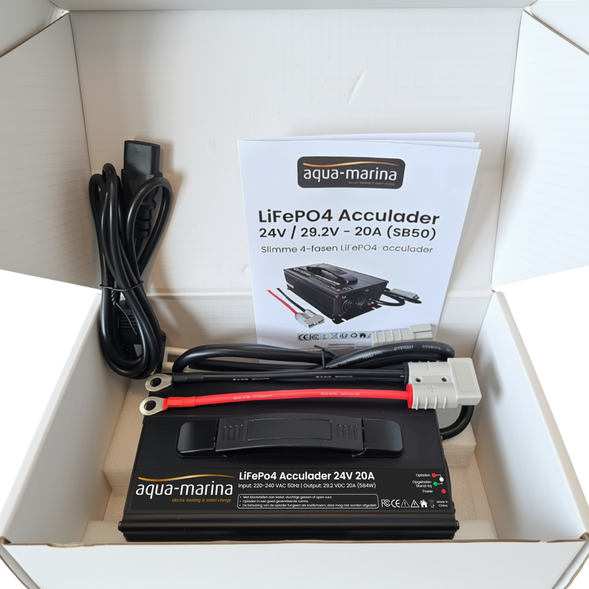 Aqua-Marina LiFePO4-acculader 24V 20A – 29,2V met SB50 en M8-kabelogen