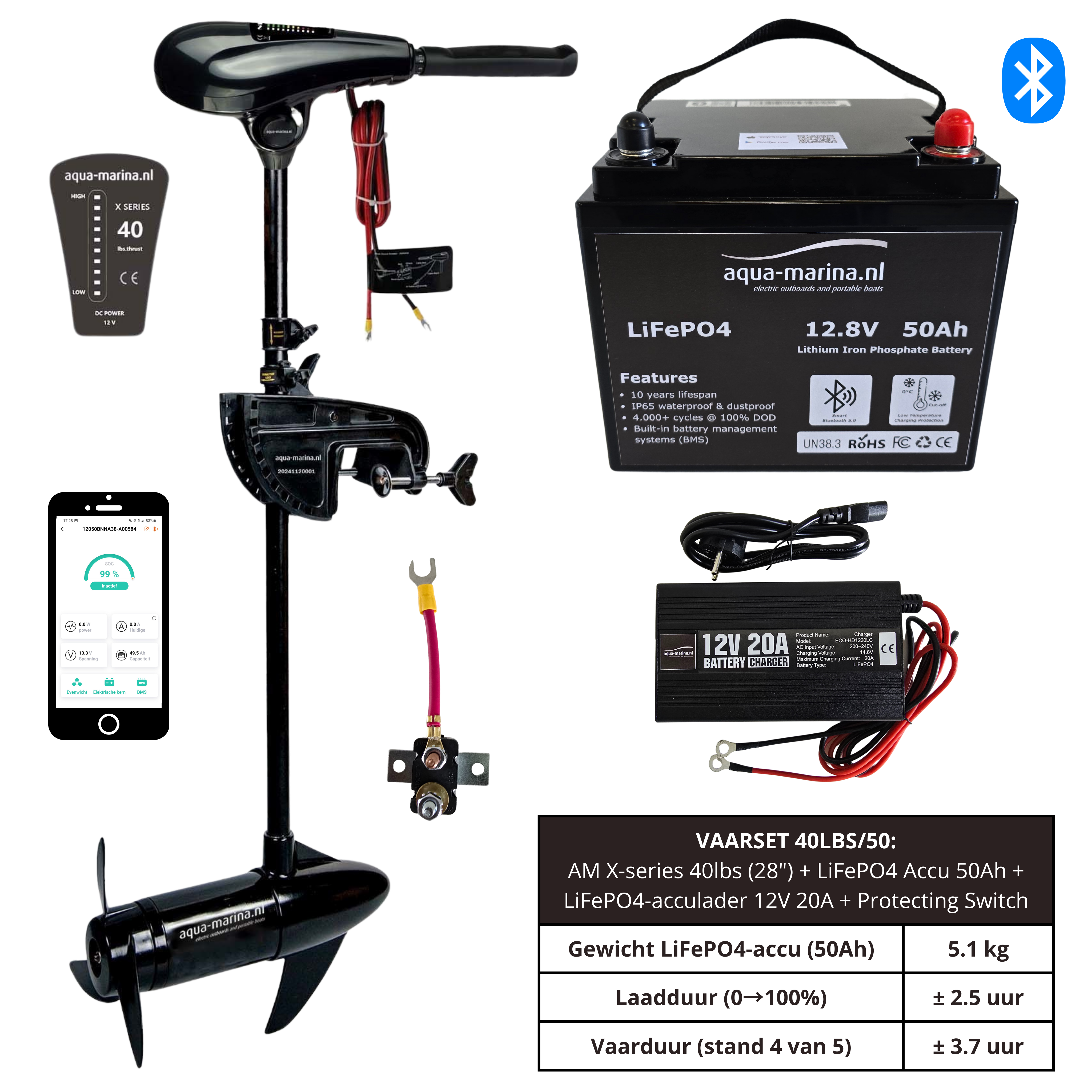 Complete Vaarset 40lbs – Fluistermotor + LiFePO4 Accu + Acculader | Direct Varen!