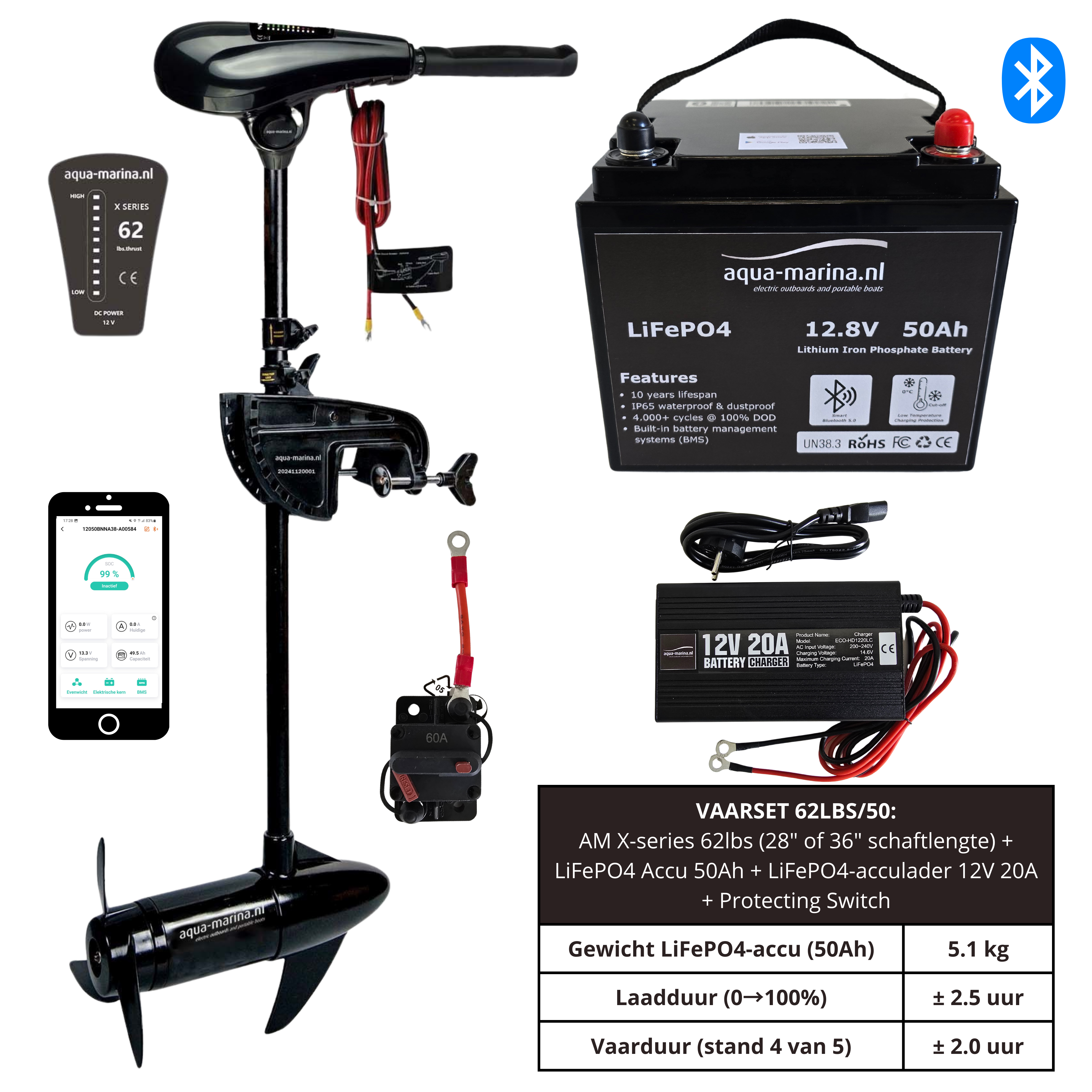 Complete Vaarset 62lbs – Fluistermotor + LiFePO4 Accu + Acculader | Direct Varen!