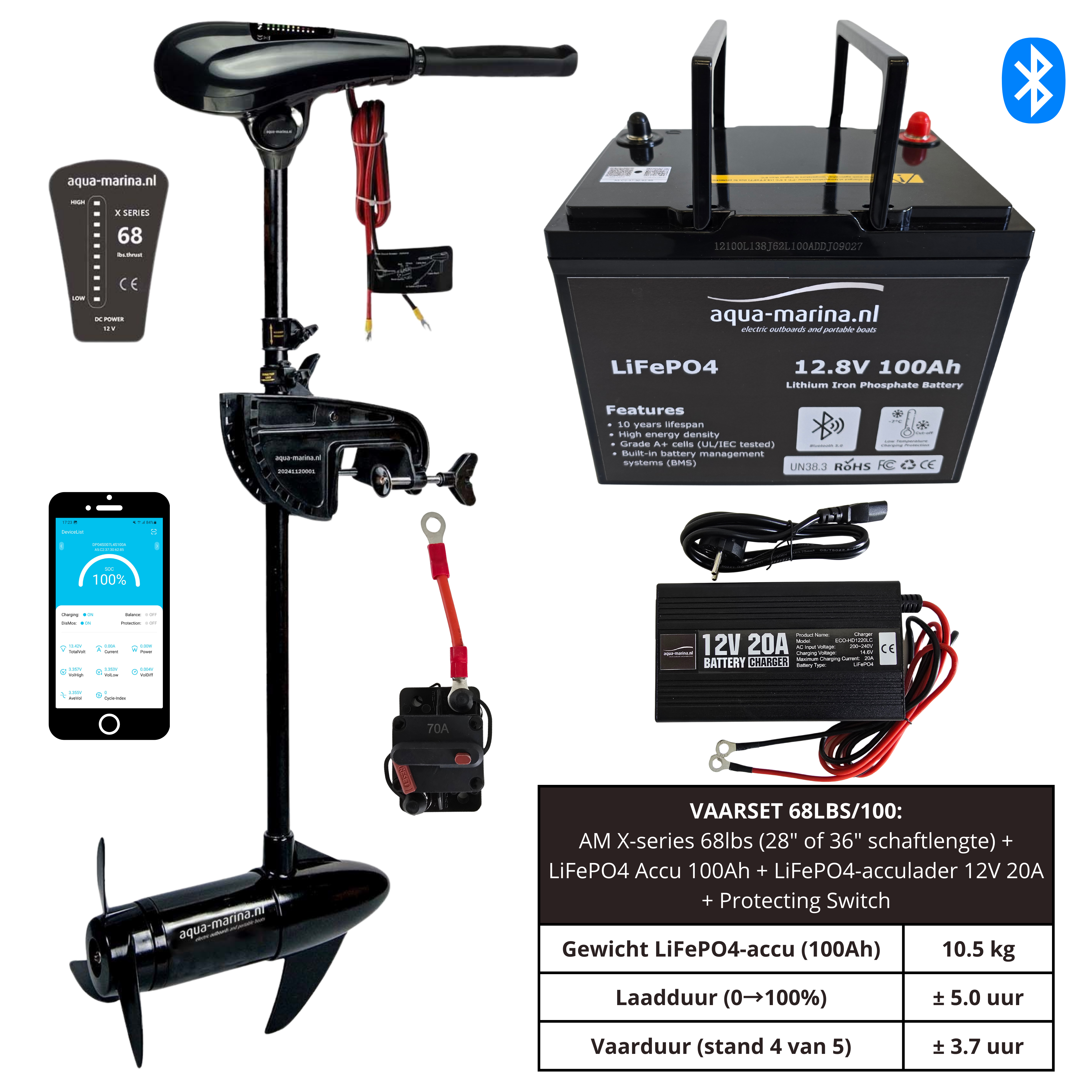Complete Vaarset 68lbs – Fluistermotor + LiFePO4 Accu + Acculader | Direct Varen!